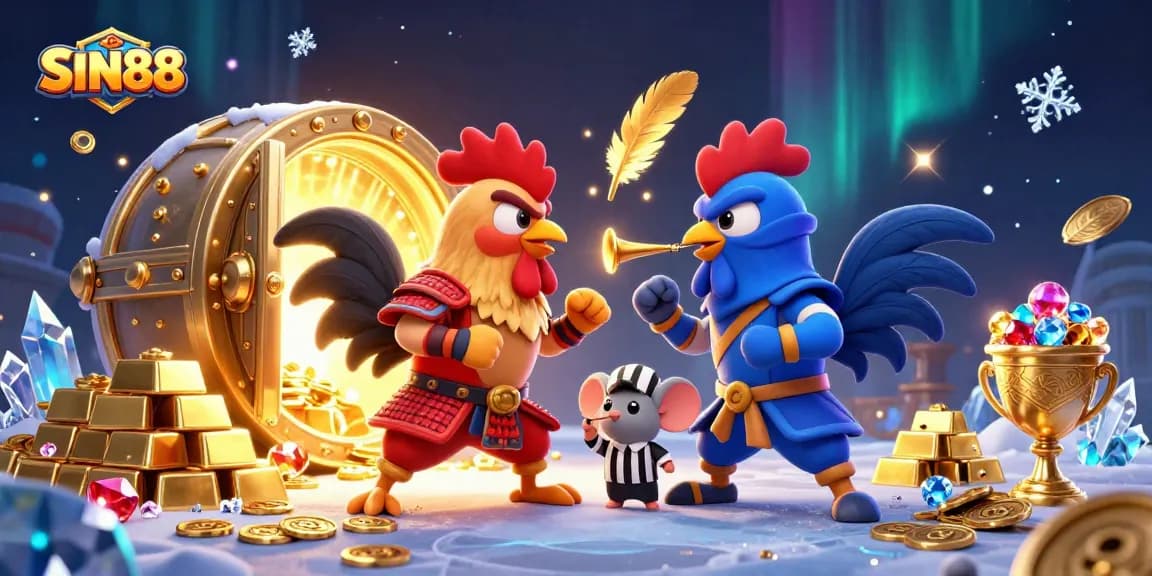 SIN88 features a dramatic showdown between a red samurai and a blue ninja rooster amid golden treasure, enhancing the gambling ambiance.