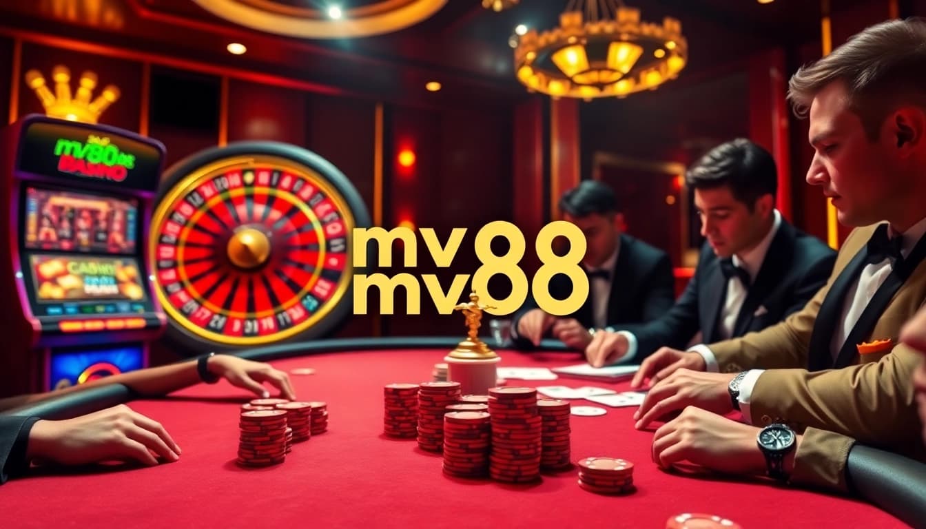 Gambling excitement at MV88 casino, displaying poker action and roulette thrills.