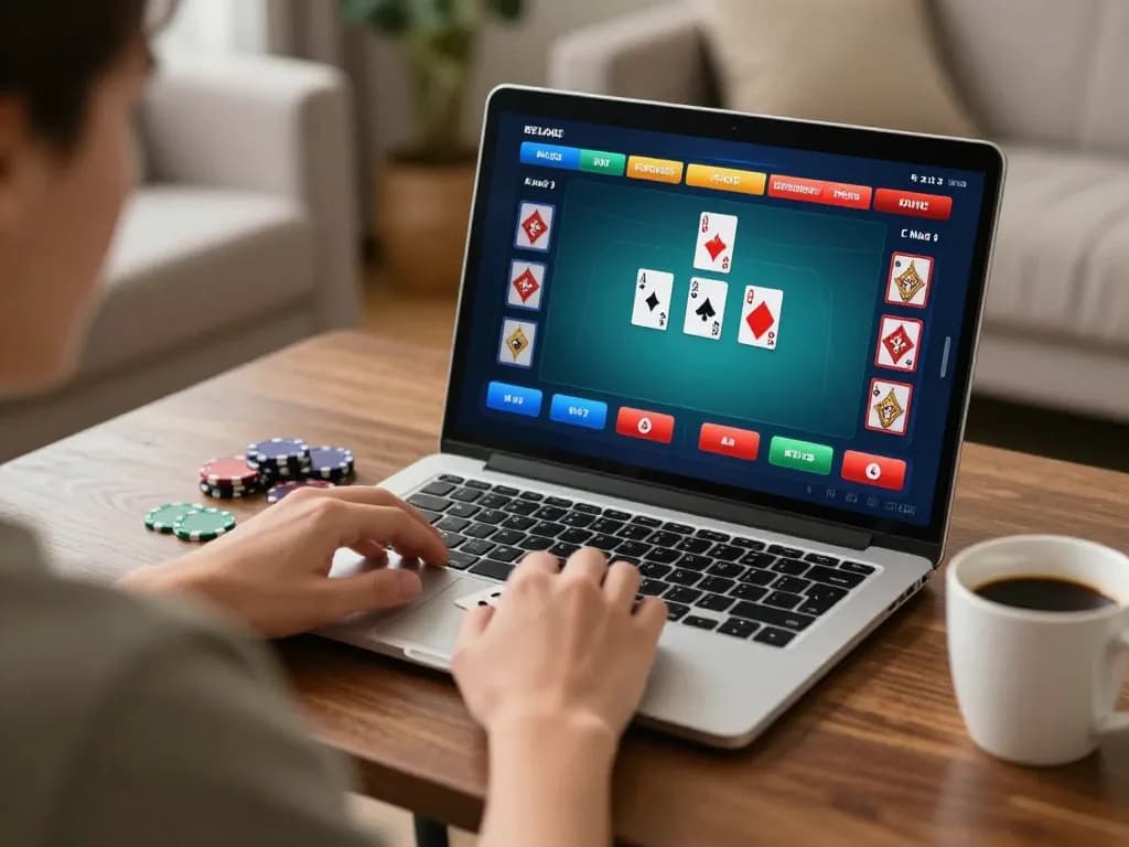 rikvip player engaging in online poker strategy at home in cozy setting
