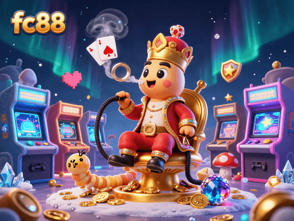 Hình ảnh vui nhộn thể hiện không gian trực tuyến của fc88 với nhiều xúc xắc và mảnh ghép trò chơi.