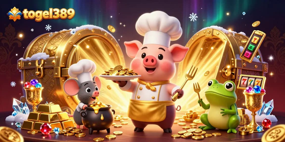 Engage in thrilling gaming with togel389's vibrant slots highlighted by a chef pig, mouse, and frog.