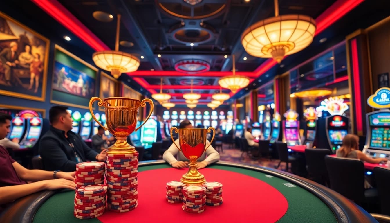 Engaged players enjoying 8kbet gaming experience at a luxurious casino.