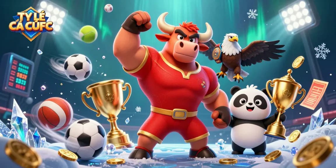 TỶ LỆ CÁ CƯỢC showcases a victorious bull mascot, eagle, and panda in a vibrant sports betting theme.