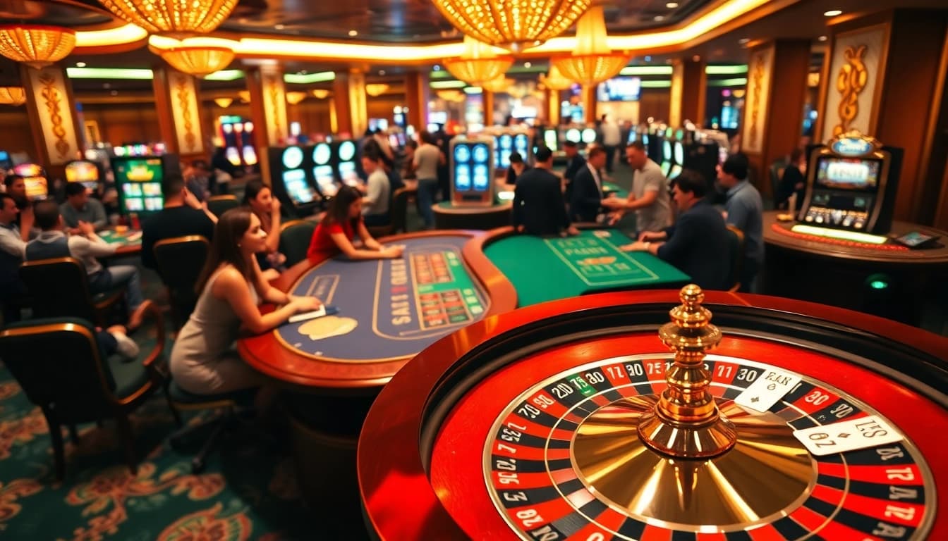 Excited players at RR88 casino enjoying roulette and blackjack tables.