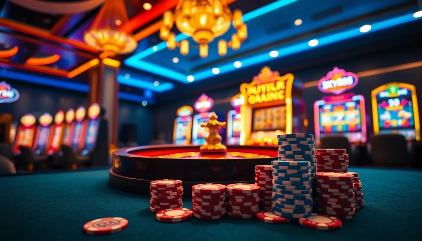 Playing at sky888 with vibrant casino tables, roulette wheels, and thrilling excitement.