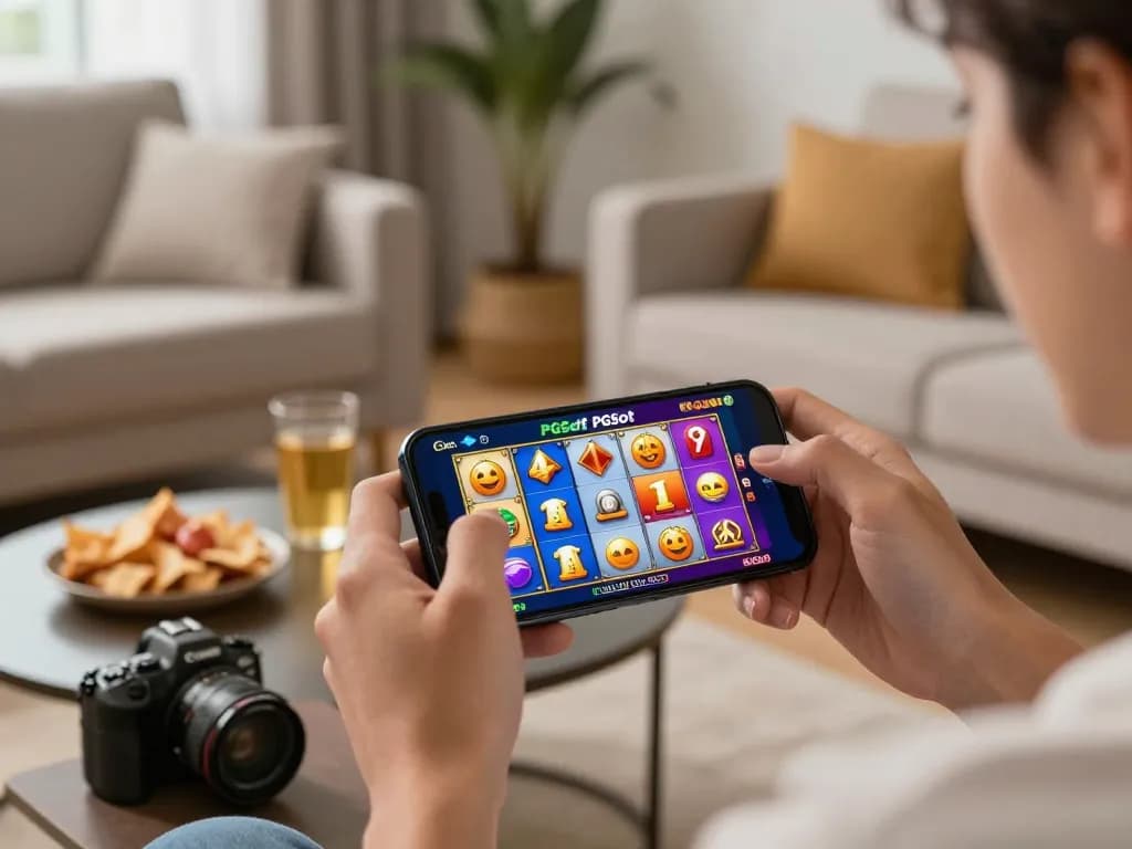 Player enjoying PGSlot IN on smartphone in cozy home setting, showcasing vibrant game graphics.