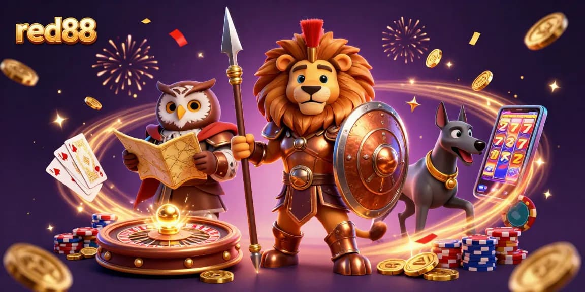 Experience winning at red88 with a dynamic casino scene featuring a Spartan lion, owl strategist, and greyhound messenger.