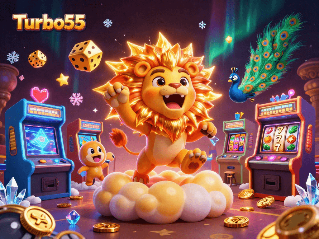 Turbo55 showcases dynamic 3D illustration featuring a roaring sun lion among casino elements.