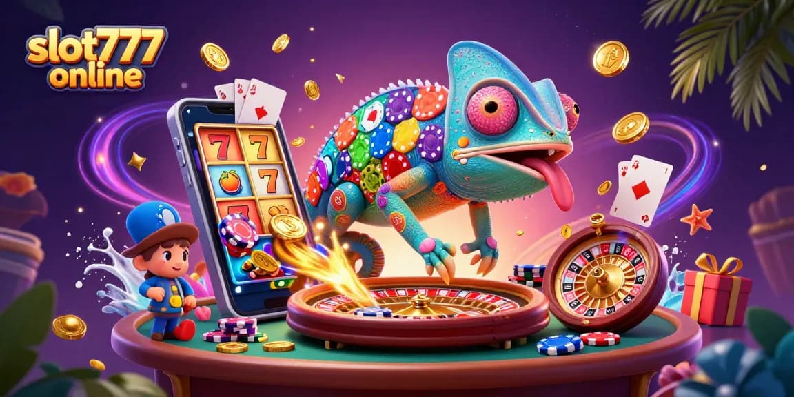 Engage with slot777 online, a vibrant casino scene where a colorful chameleon owner catches golden coins.