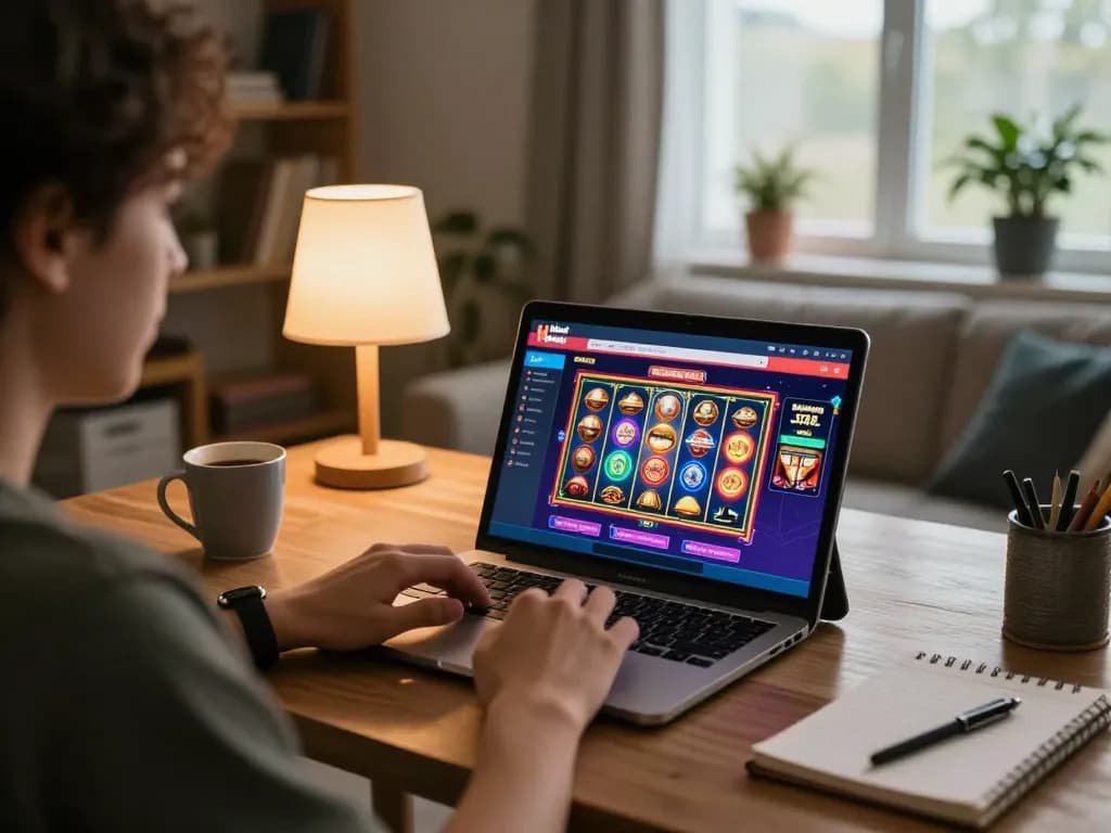 A person plays Hubet online slots on a tablet in a cozy home setting, highlighting responsible gaming.