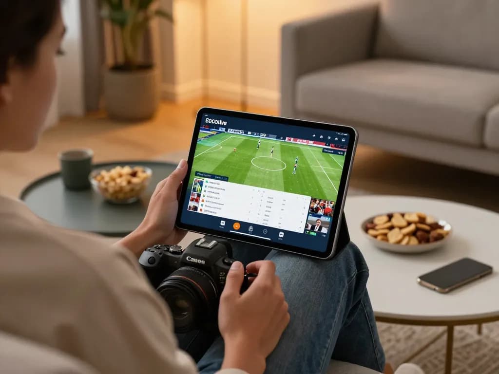 Socolive streaming live football matches on a tablet in a stylish home setting.