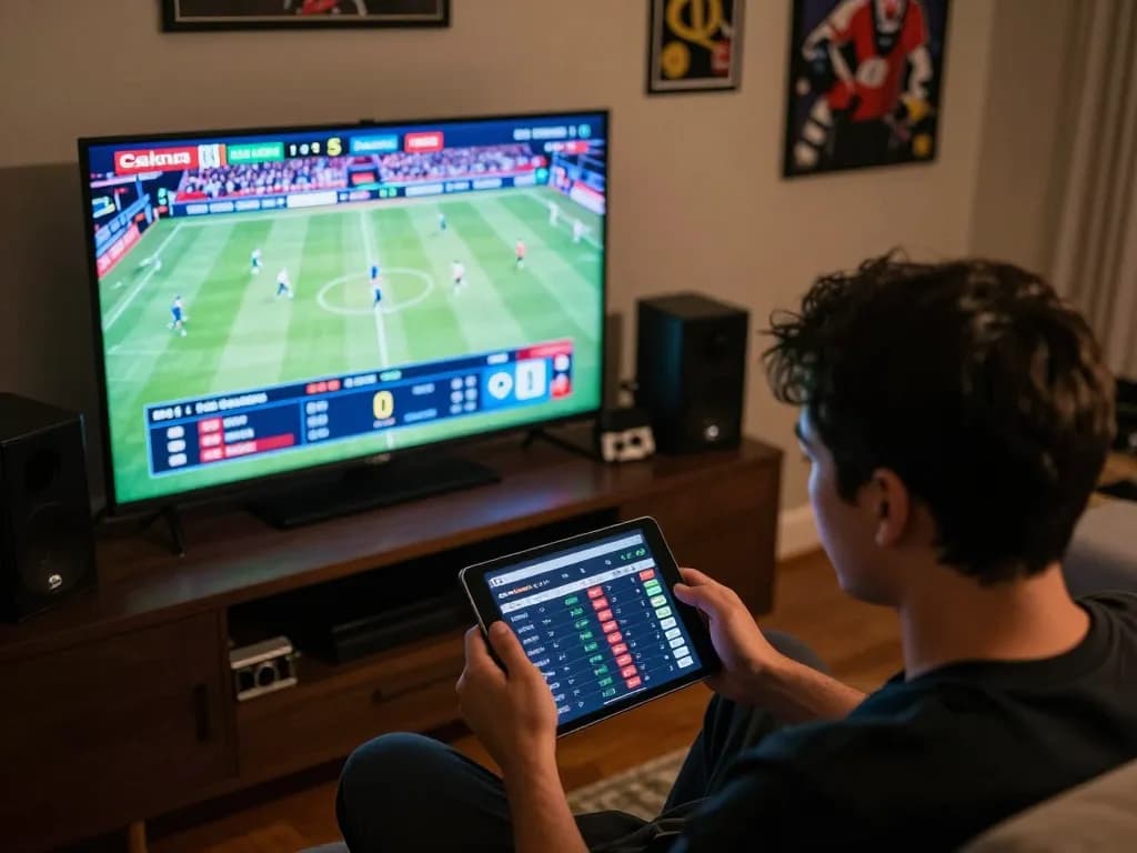 Cakhia user engaging in online sports betting, focused on tablet screen analyzing odds.