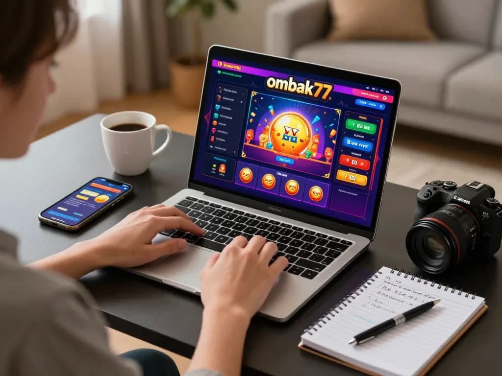 Sesi permainan online yang menarik dengan seorang pemain yang menikmati permainan ombak77 di laptop, dikelilingi oleh catatan strategi.