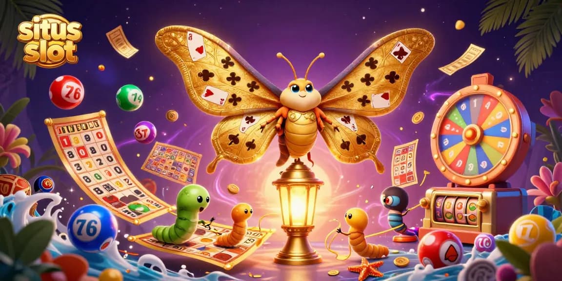 Engage in situs slot with a visually rich landscape featuring dynamic casino elements and a majestic moth.