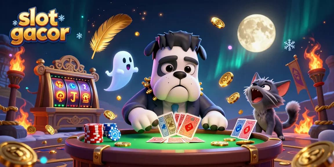 Visualisasi slot gacor yang menarik dengan karakter lucu dan suasana kasino yang menakutkan