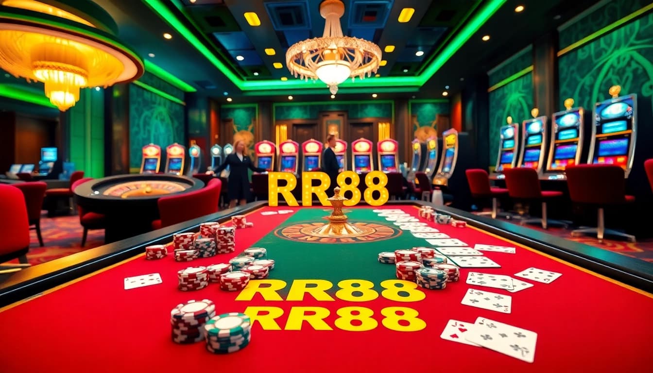 Exciting casino table scene with RR88 branding, featuring poker chips and roulette for gamblers.