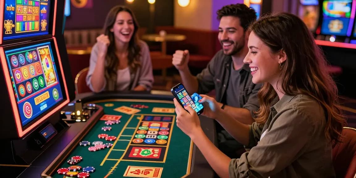 Experience the thrill of rokok88 online casino with friends enjoying gaming bonuses and vibrant slot machines.