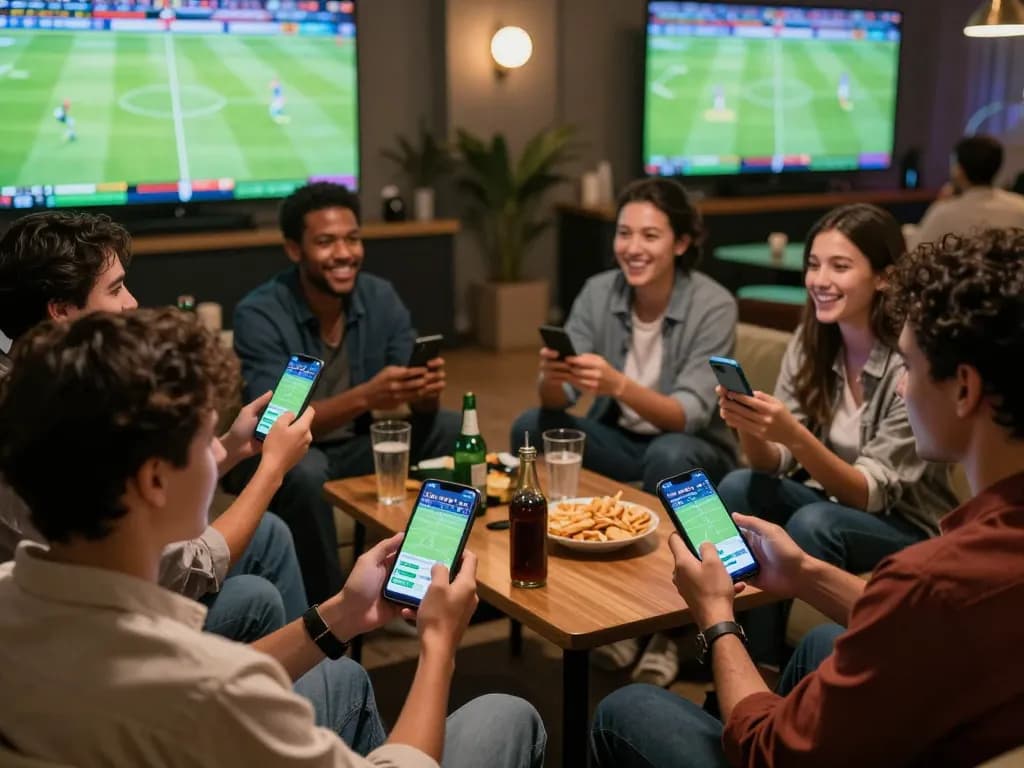Friends actively placing bets on the 8xbet app while enjoying a live football match in a stylish lounge.