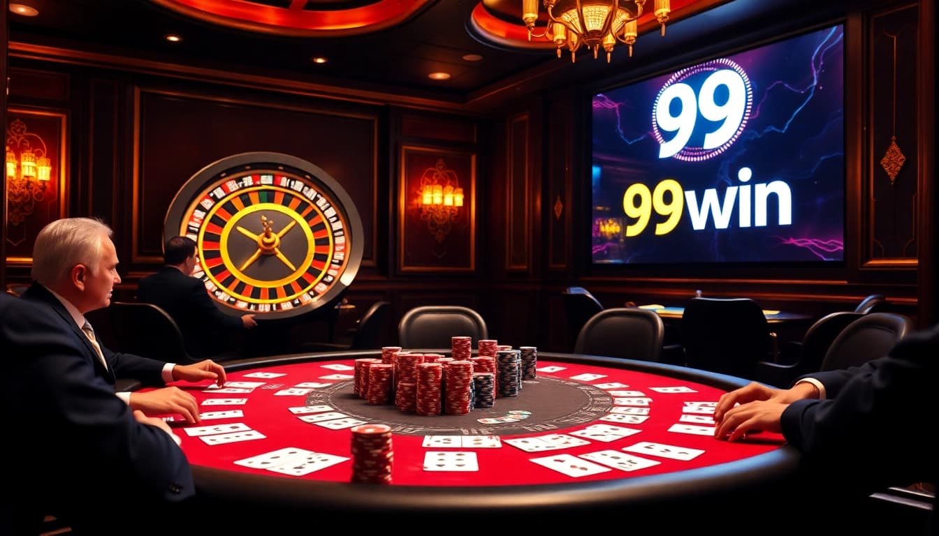 Players engaged in high-stakes poker at a luxurious table showcasing 99win branding.