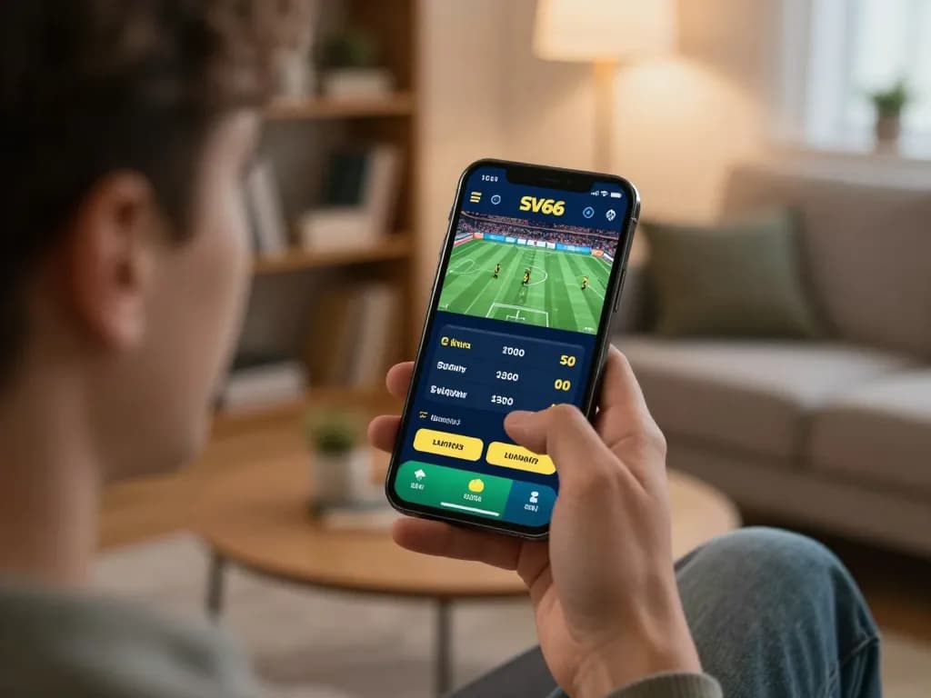 Engaging sports betting with SV66 mobile app on smartphone during live event.