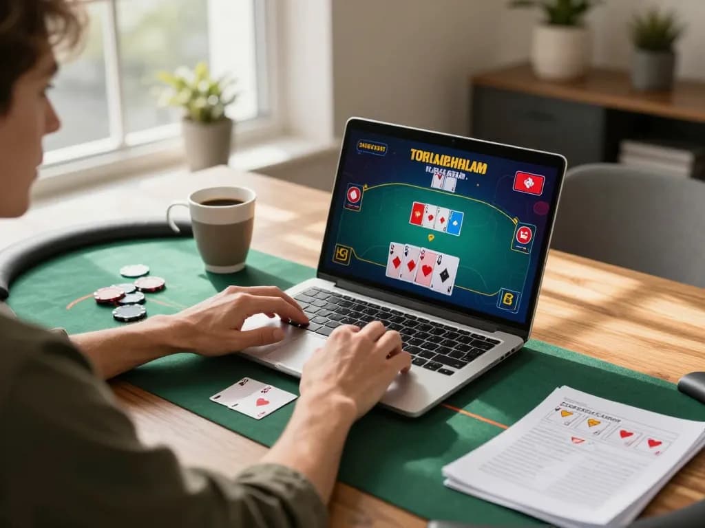 Mengatur poker online yang menarik menampilkan strategi defineyouniversity dengan laptop dan catatan.