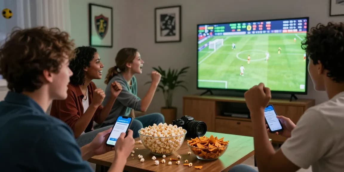 Friends enjoying an exhilarating game night while placing bets on OPEN88 app, surrounded by sports memorabilia and snacks.