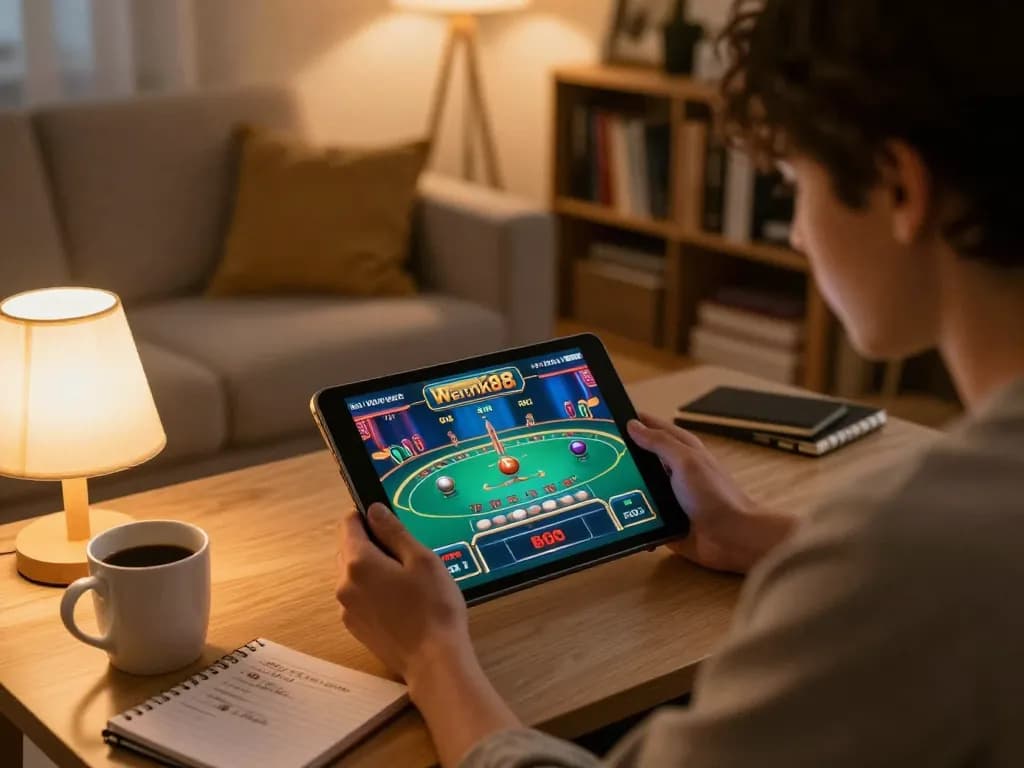 Engaged player enjoying live casino gaming at https://webnk88.net/ with tablet, warm home ambiance
