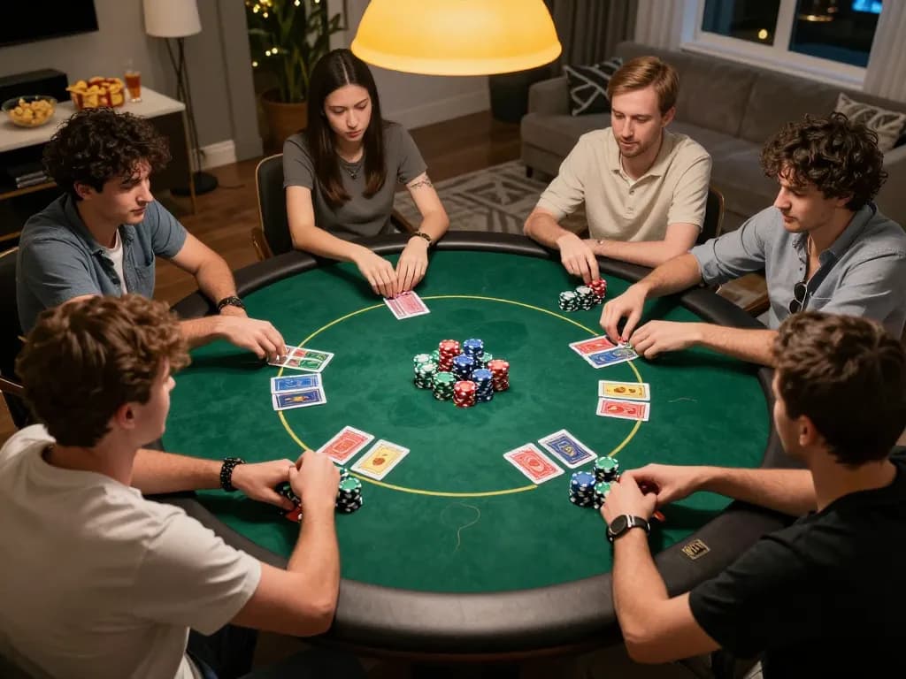 Poker game night featuring friends playing Texas Hold'em with colorful chips and strategic cards in a lively social setting, tx88 excitement in the air