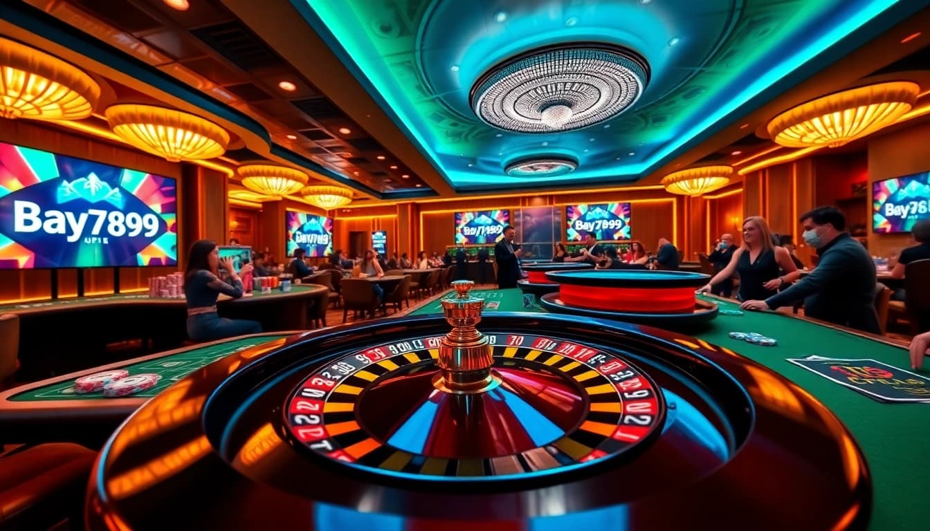 Players enjoying an exciting game at Bay789, showcasing poker chips and a roulette wheel in a luxurious casino environment.