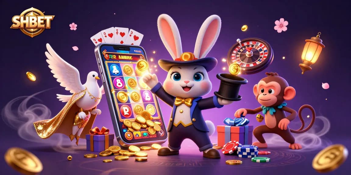 Experience the excitement of SHBET with a magician pulling coins, showcasing thrilling games and vibrant casino elements.