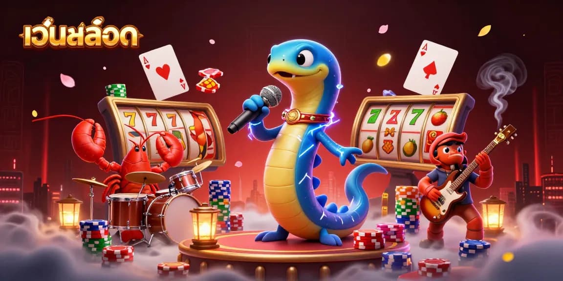 Engage with เว็บสล็อต through a vibrant underwater casino scene featuring a DJ eel and band.