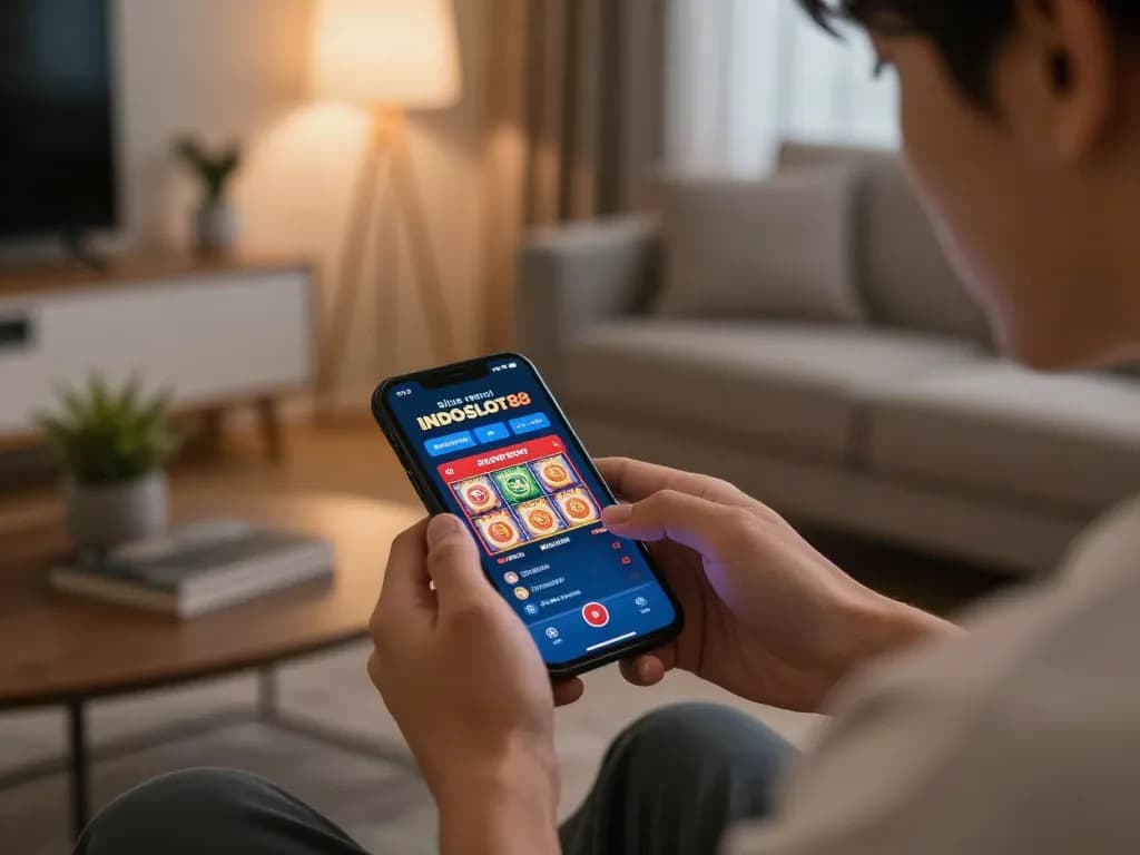 Engaging player using situs resmi INDOSLOT88 app on mobile, exploring high RTP slots for better wins.