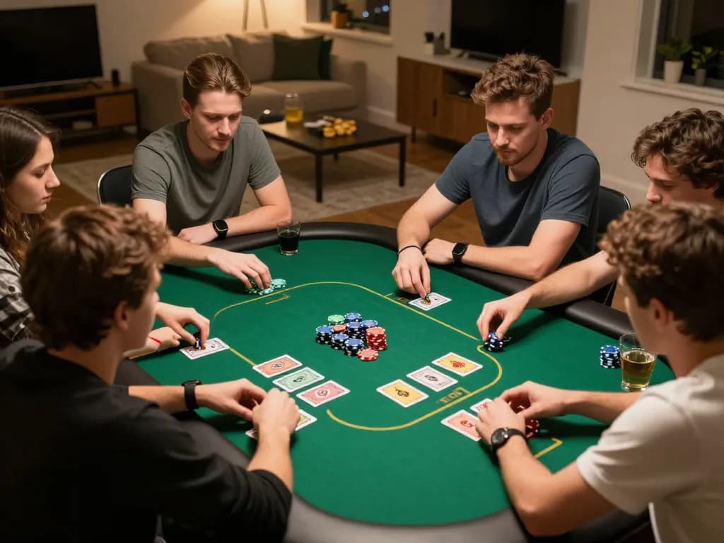 Engaged players strategizing in a thrilling game of togel hongkong poker at home.