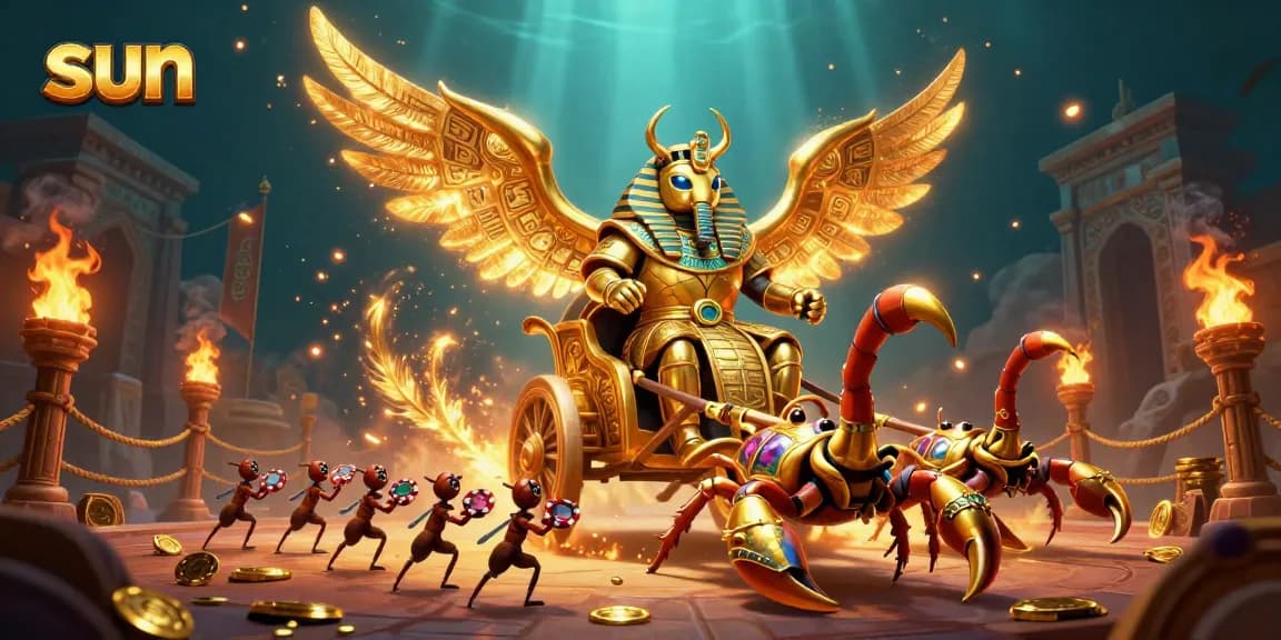 Engage with the sun online casino featuring a colossal golden scarab in a vibrant gambling arena.