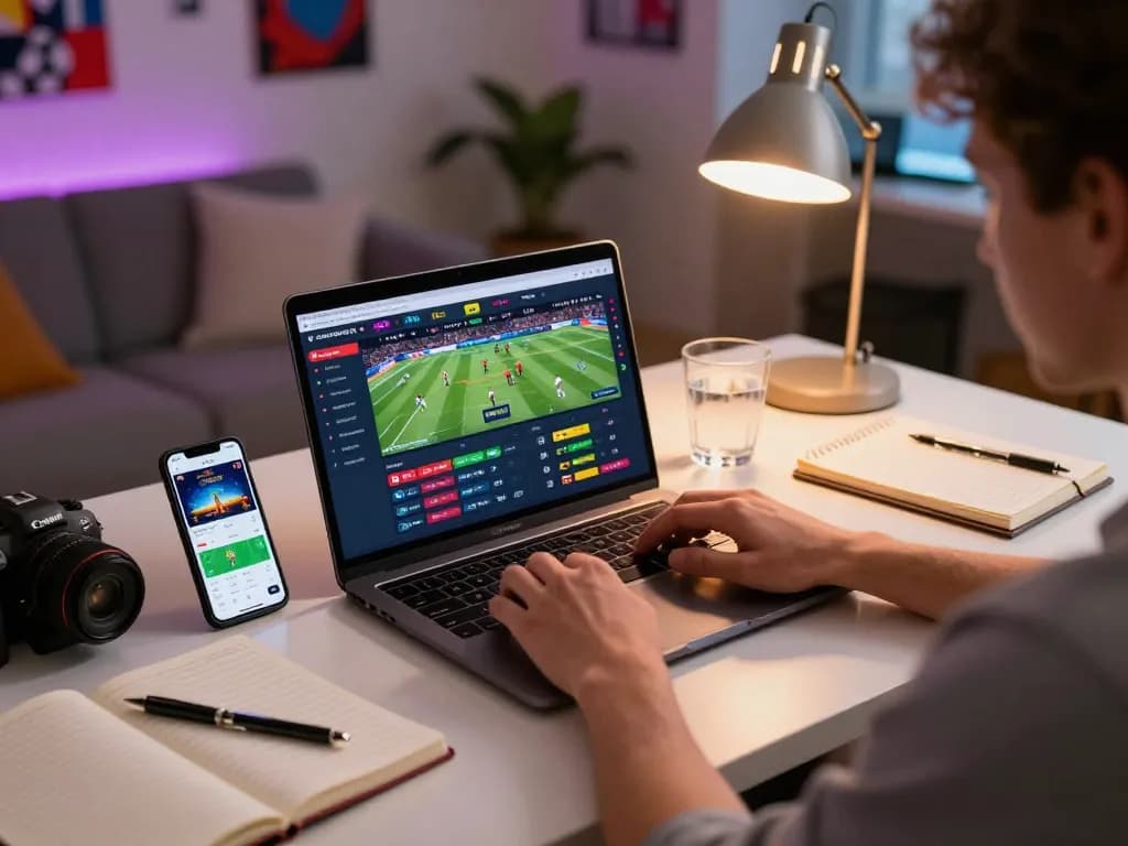 Person placing bets on debet through a laptop in a stylish home office setting.