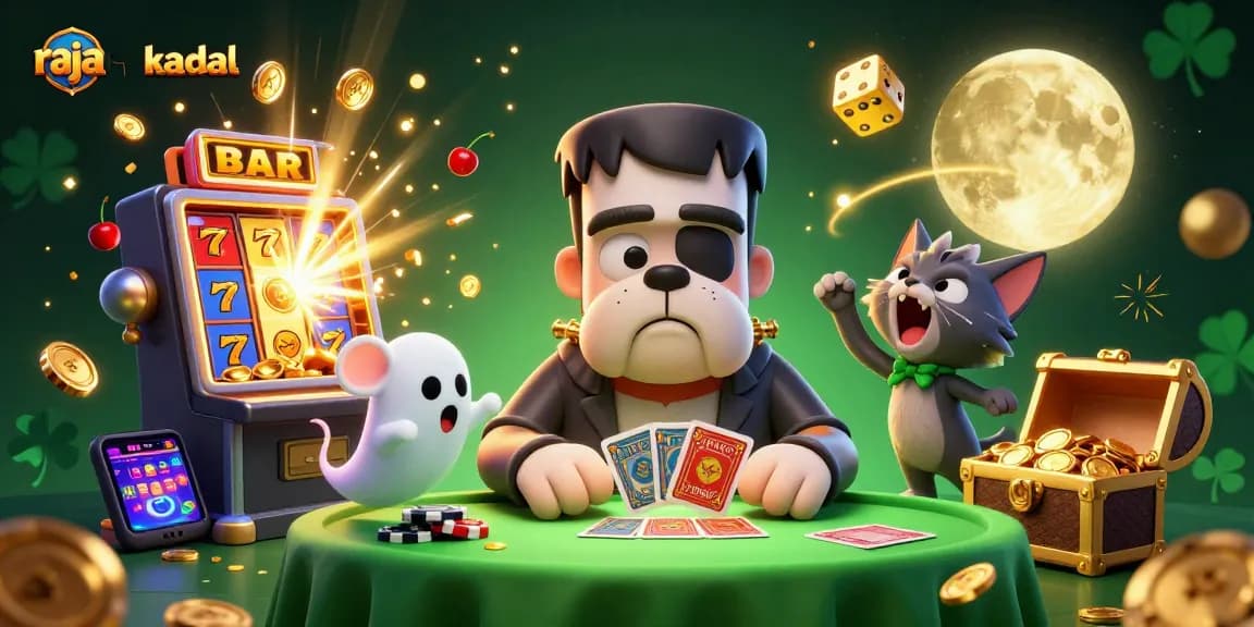 Permainan menarik di rajakadal, menampilkan anjing Frankenstein yang sedang membagikan kartu di meja kasino.