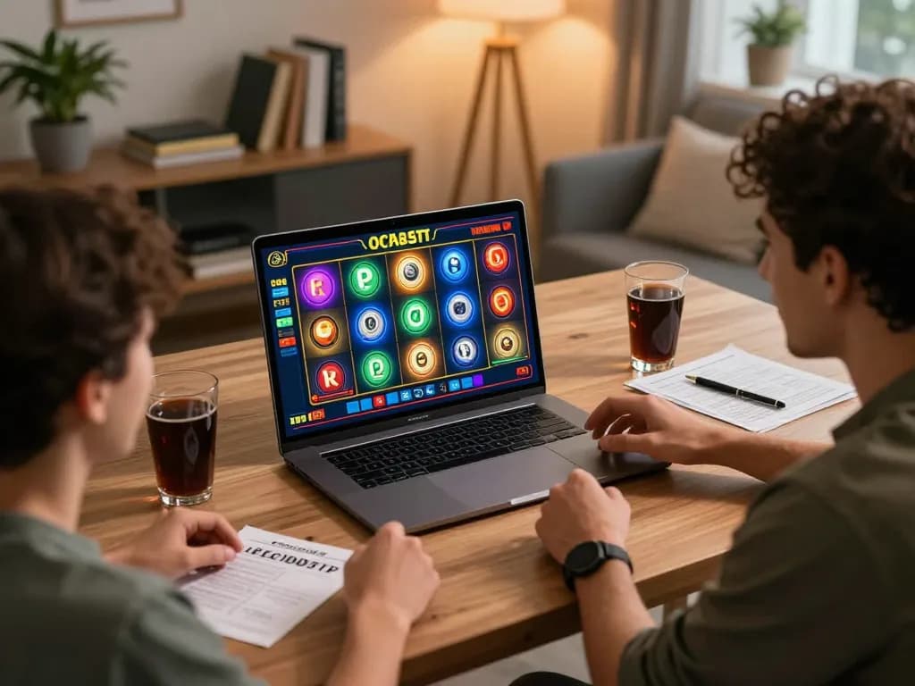 Engaging players using octaslot on a laptop in a stylish home office environment.