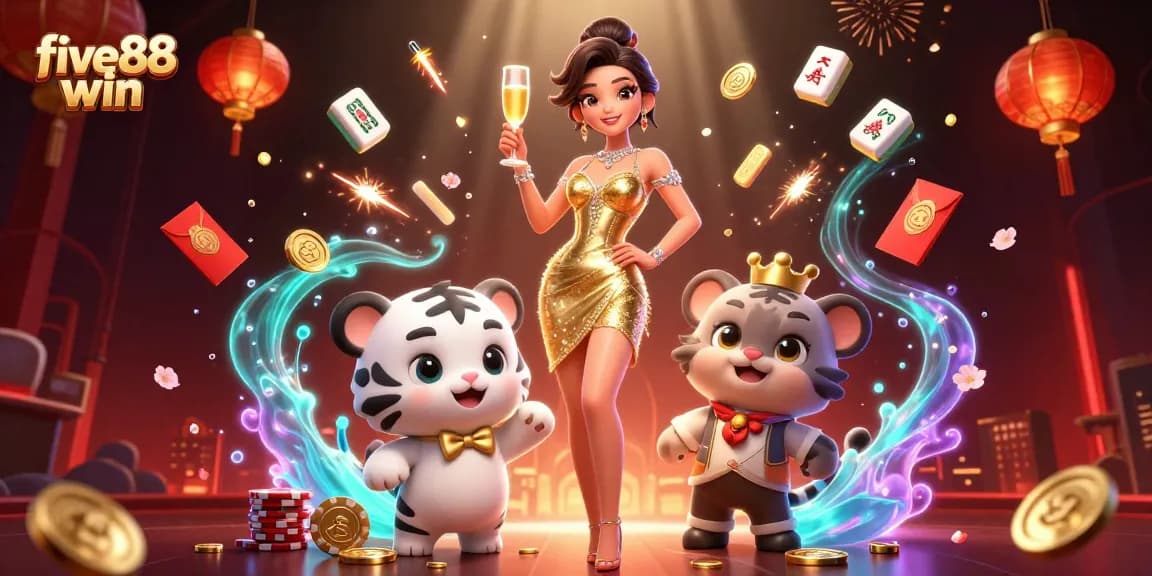 Experience the excitement of five88 win with a glamorous woman and a lucky tiger cub in a casino setting.