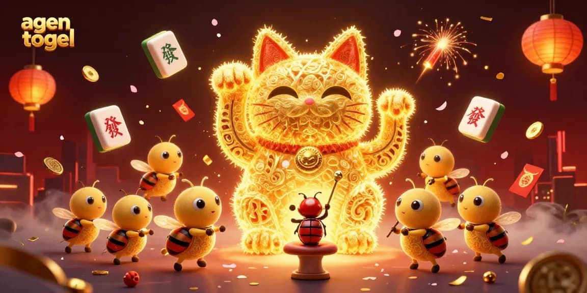 Experience the excitement of agen togel with a vibrant scene featuring a golden lucky cat and stunning casino elements.