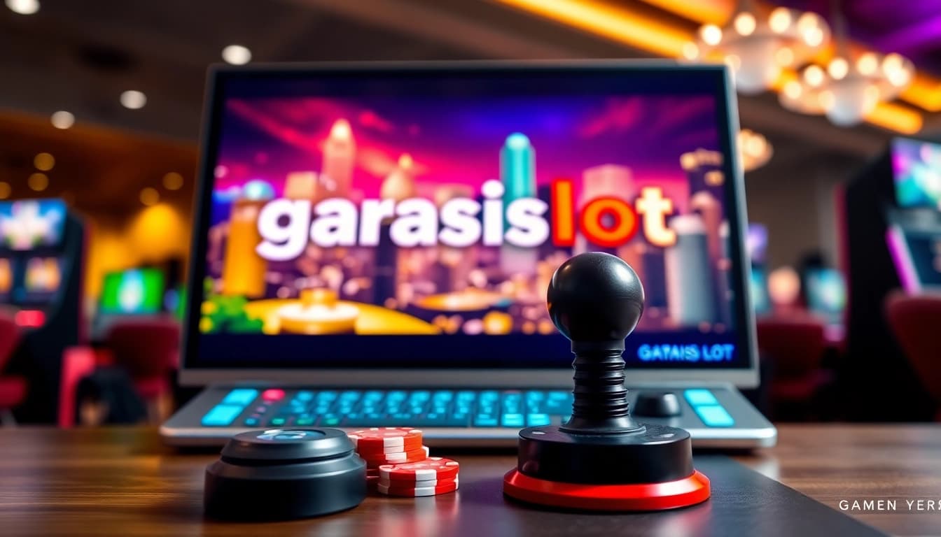 Menunjukkan perangkat permainan "garasislot" dengan antarmuka slot yang menarik dan penuh warna.