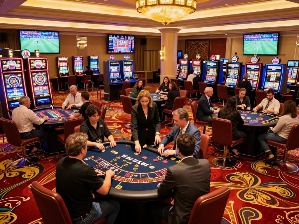CM88 players enjoying diverse gambling activities at a vibrant casino floor.