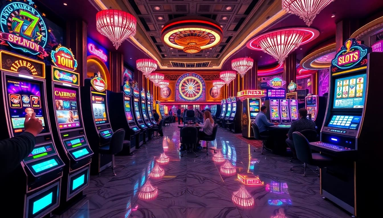 Pemain yang menang menemukan kegembiraan slot88 di aula kasino mewah dengan mesin slot yang berwarna-warni.