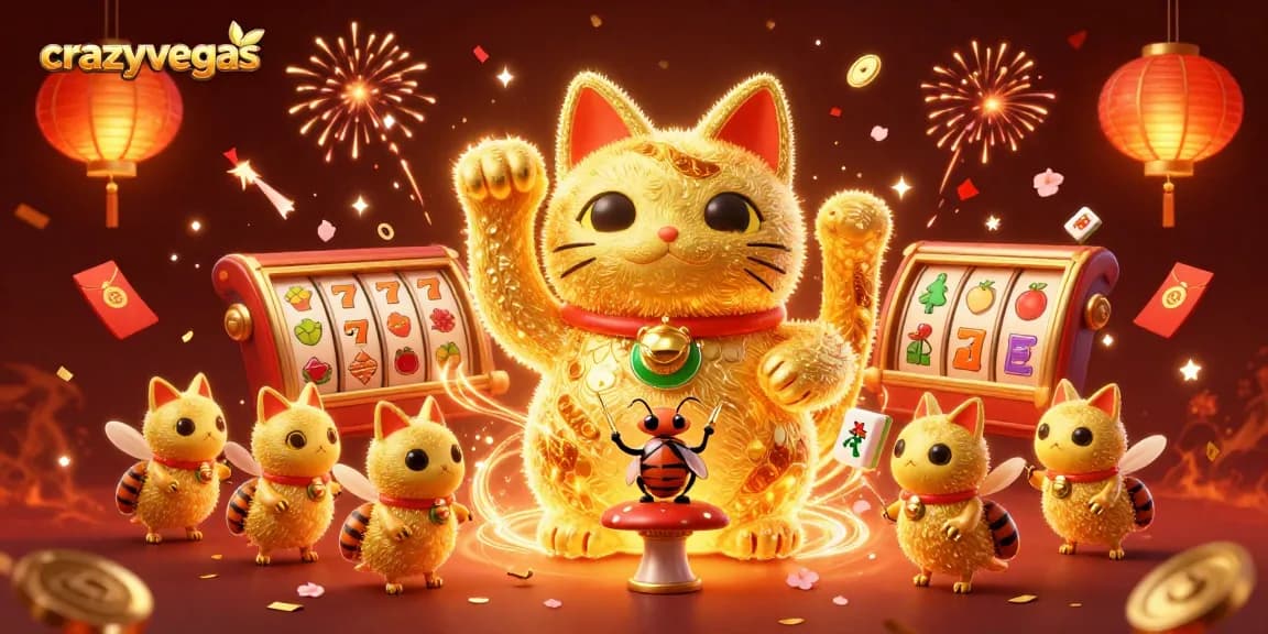 Catch the excitement at crazyvegas with golden fireflies forming a lucky cat surrounded by vibrant casino symbols.