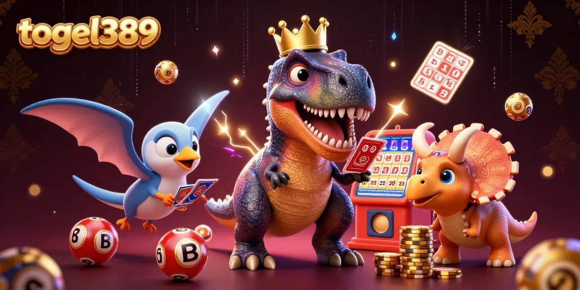Togel389 brings excitement alive with a fun T-Rex shuffling cards and vibrant lottery elements.