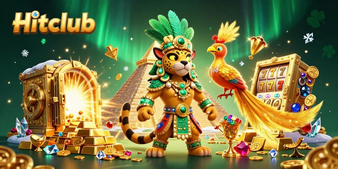 Hitclub showcases thrilling gameplay with 3D Mayan priest and golden treasures in this vibrant illustration.