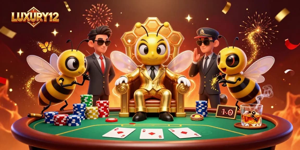 LUXURY12 reveals a vibrant casino scene with a clever cartoon bumblebee mob boss among poker chips and cards