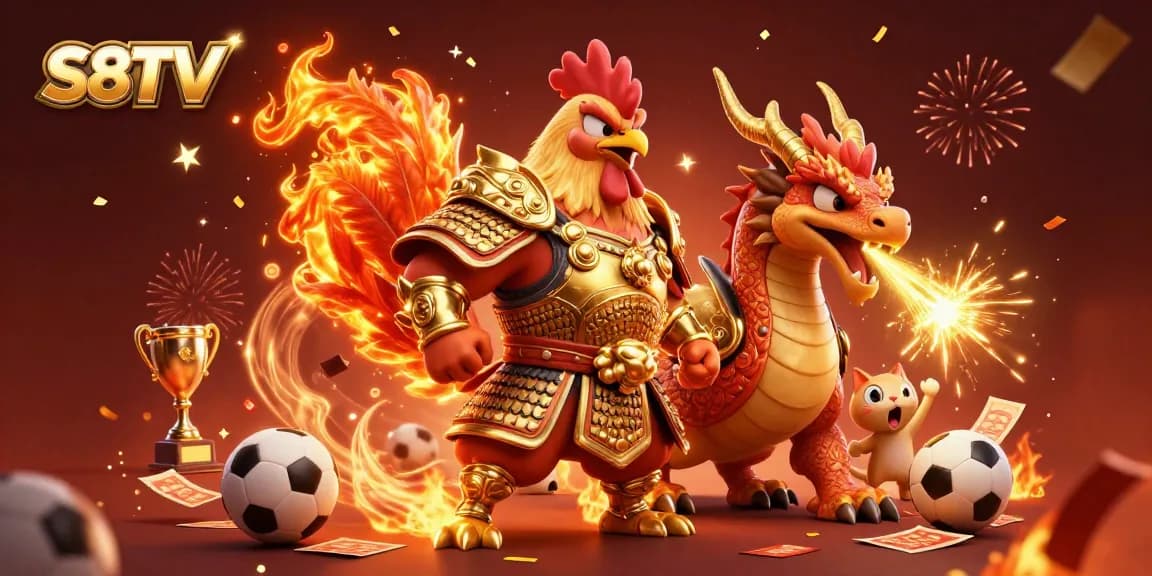 S8TV showcases a vibrant sports betting scene with a samurai rooster and armored dragon amidst lively confetti.