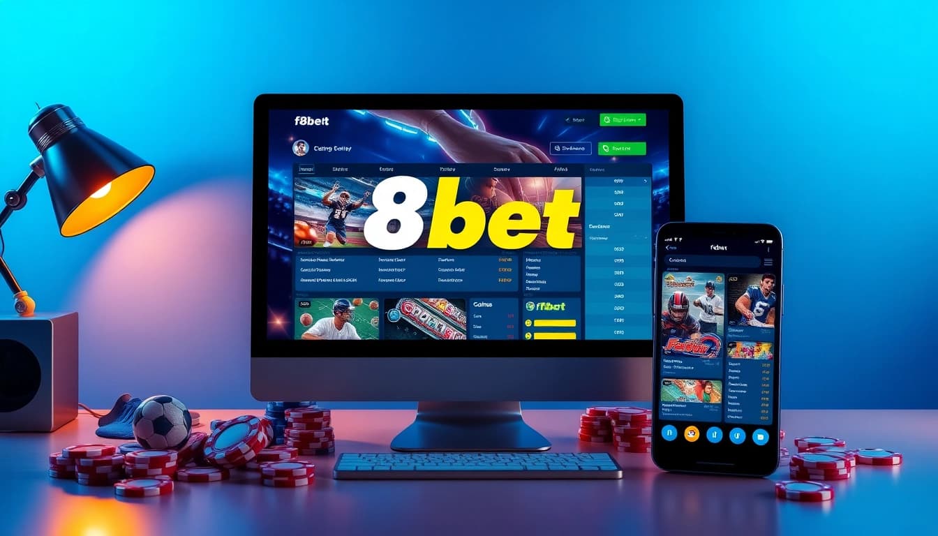 Interactive betting scene featuring f8bet.com on desktop and mobile devices, showcasing a lively gaming atmosphere.