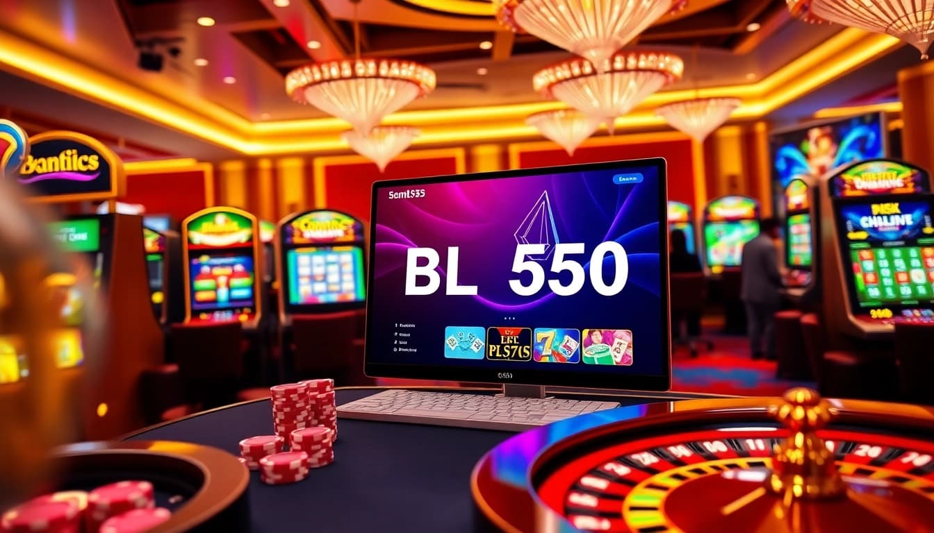 Players engaging with BL555 online casino through vibrant slot machines and roulette wheels.