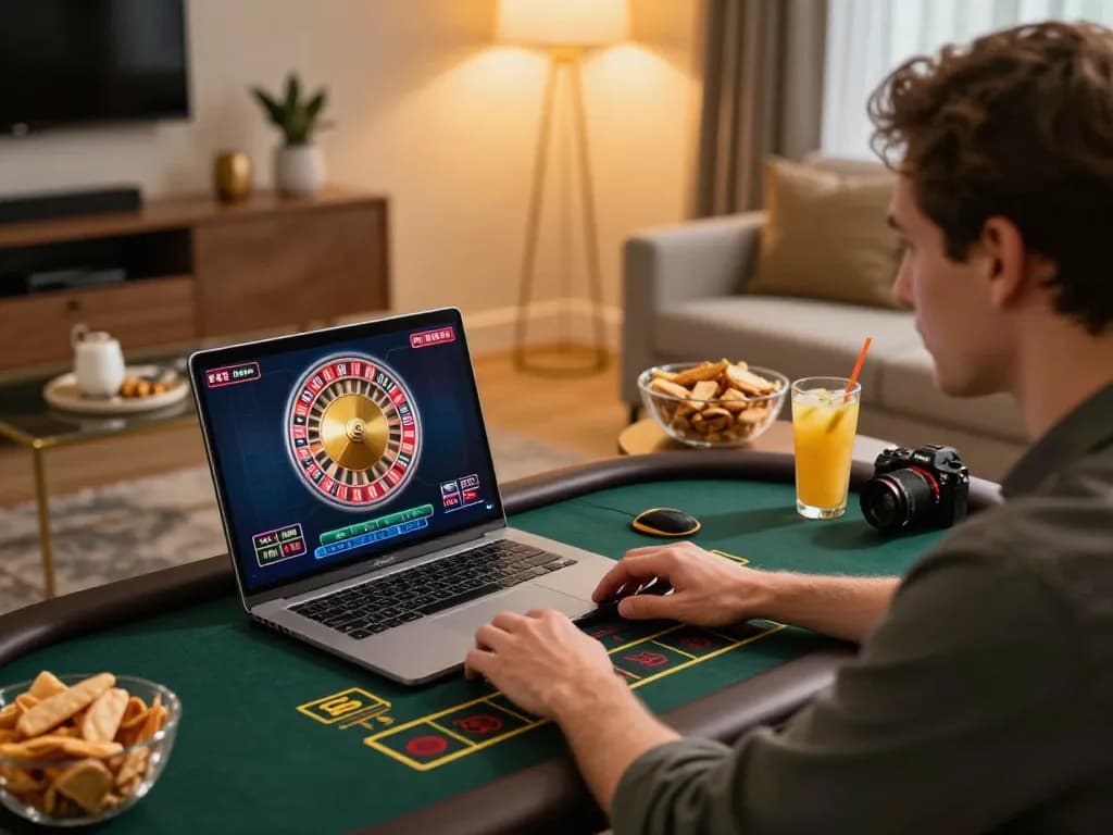 Player engaging in soc88 online roulette game on laptop in cozy home setting